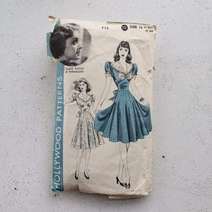 1940s Vintage 34" Bust Hollywood Pattern 712 Ellen Drew Dress Sewing Pattern - Picture 1 of 7