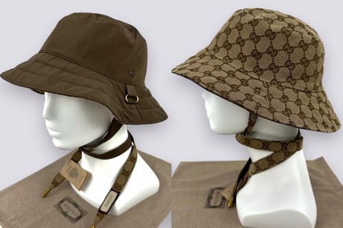 Gucci Black GG Monogram Bucket Hat Web Stripe Logo Made in Italy