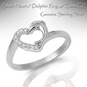 Genuine Sterling Silver Heart Dolphin Clear CZ Ring