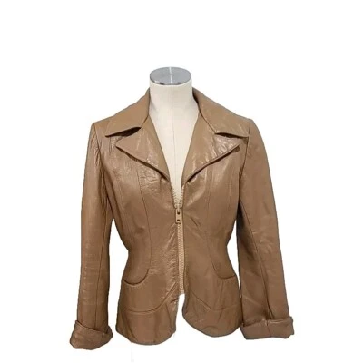 Mujer De Colección Años 70 Tostado Mod Cuero Motocicleta Cremallera Chaqueta Camel Tostado S M Foto 1 de 4