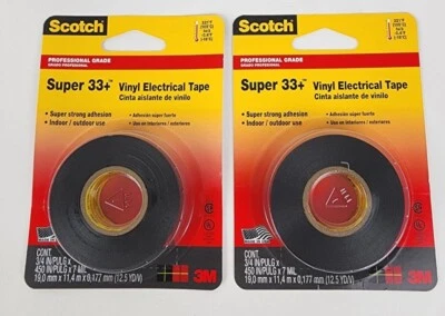 2 Scotch Super 33 Plus Vinyl Plastic Electrical Tape Black 3M 3/4" x 37.5' 7mil