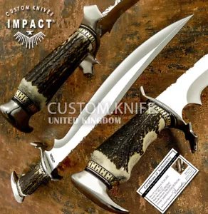 IMPACT CUTLERY RARE CUSTOM D2 ART BOWIE KNIFE STAG ANTLER HANDLE - Picture 1 of 11