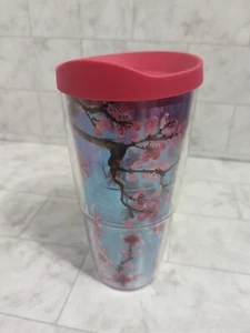 Tervis Blue W/Pink Cherry Blossoms & Pink Lid 24 Ounce GUC - Picture 1 of 13