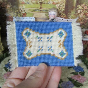 Vtg Artisan Dollhouse PETIT POINT BLUE WOOL RUG Miniature Needlepoint Handmade - Picture 1 of 13