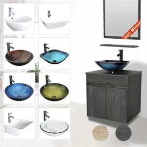 24" Bathroom Vanity Set Glass Ceramic Sink Combo Wall Mounted 2 Doors & Mirror - Picture 1 of 36