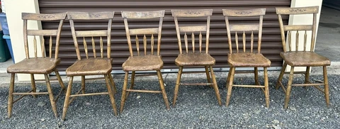 Set of 6 Primitive Antique Country Paint Decorated Plank Bottom Chairs Cover
