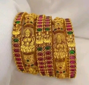 Conjunto Chuda Brazalete Kundan Dorado Mate Pesado Diseño Lakshmi del Sur de la India Antiguo - Imagen 1 de 6