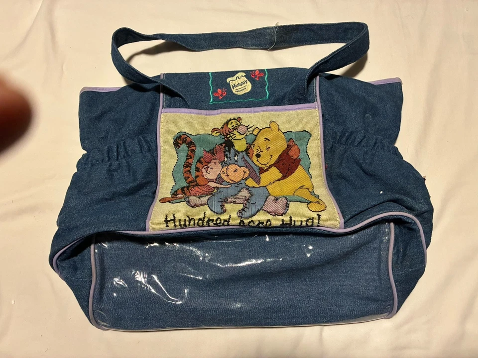 Fralda jeans vintage Winnie The Pooh fralda jeans e bolsa garrafa verifique fotos - Imagem 1 de 4