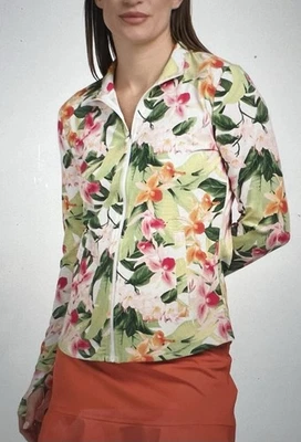 NWT Tommy Bahama green floral UPF 50 Printed Active Zip Jacket Swim Top S - Image 1 of 4