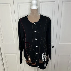 Quaker Factory Womens Size Large Black Dogs Cardigan Sweater Full Button Bones - Picture 1 of 12