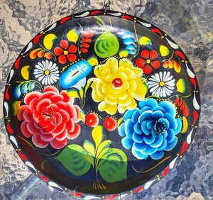 Vintage Painted Wood Batea Plate Mexico Folk Art 13" Flower Colorful Bright  - Picture 1 of 5