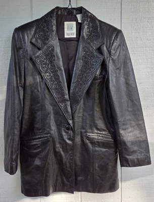 Together Brand Mid-Length Black Leather Jacket With Embroidered Lapel and Collar - Image 1 of 4