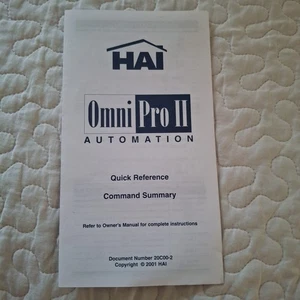 HAI Omni Pro 11 automation quick reference command summary 20C00-2 2001 Secutity - Picture 1 of 3