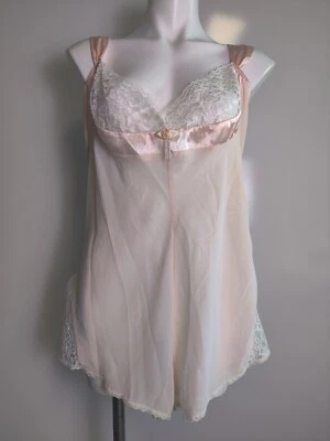Vintage Peachy Pink Lace Chiffon Teddy Bodysuit Romper Size 2X Snap Crotch EVC - Image 1 of 4