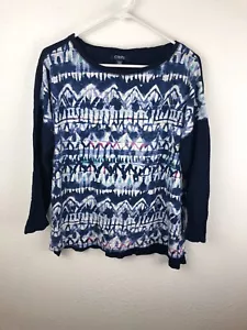 Chaps XL Womens Top Long Sleeves Blue White Geometric Solid Back Casual A15 - Picture 1 of 5