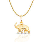 14K Yellow Gold Elephant Luck Charm Pendant 1.2mm Flat Open Wheat Chain Necklace