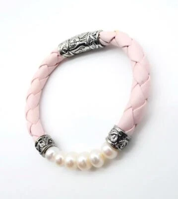 GENUINE Pearls Pink Braided Cord Antique Filigree Magnetic Barrel Clasp Bracelet - Image 1 of 4