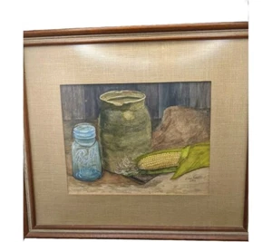 Vintage Still Life Primitive Of Pottery & Old Jar With Corn On Table , Signed - Picture 1 of 8