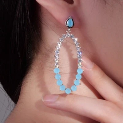 18k white gold made with SWAROVSKI crystal drop dangle blue stud oval earrings - image 1 of 3