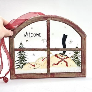 WELCOME SNOWMEN CHRISTMAS WINDOW PANEL DECOR RUSTIC WOODEN FRAME - Picture 1 of 7