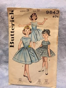 Vintage Butterick Pattern 9643 Girl's Full Skirted Dresses breast 28, size 10 - Picture 1 of 2