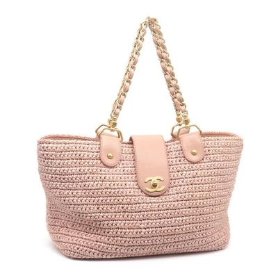 Chanel Coco Mark raffia Chain Shoulder Bag pink straw tote CC 732755 - Image 1 of 4