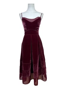 Timo.Weiland Velvet Burgundy Spaghetti Strap Midi Dress Sheer Hem Sz 0 - Picture 1 of 10
