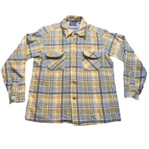 Pendleton Board Shirt Mens Large (M) Yellow Green Loop Collar Flap Plaid Wool - Picture 1 of 12