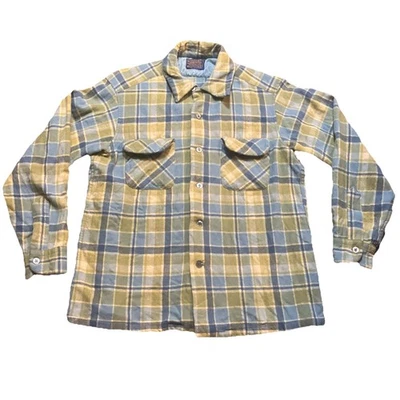 Pendleton Board Shirt Mens Large (M) Yellow Green Loop Collar Flap Plaid Wool - Image 1 of 4