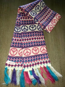 JUSTICE girls PEACE SIGN KNIT WINTER SCARF purple pink white FRINGE TRIM one siz - Picture 1 of 1