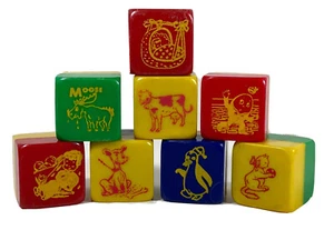 Plastic Rattle Blocks Lot of 8 Alphabet Animals Vintage Toy 1.5” Red Blue Green - Picture 1 of 6
