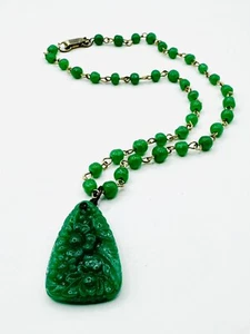 Vintage Glass Bead Necklace w/ Pressed Glass Jade Pendant - Picture 1 of 8