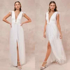 Lulus I'm All Yours Ruffle Maxi Dress in Cream Wedding Bridal Women's Small NEW - Picture 1 of 13