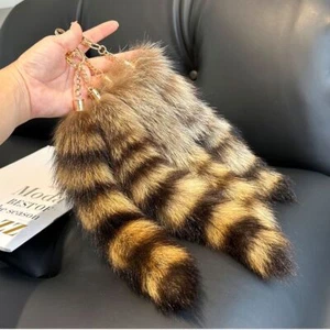 Plüsch Waschbär-Schwanz Schlüsselanhänger mit Goldkette – Für Taschen Schlüssel - Bild 1 von 5