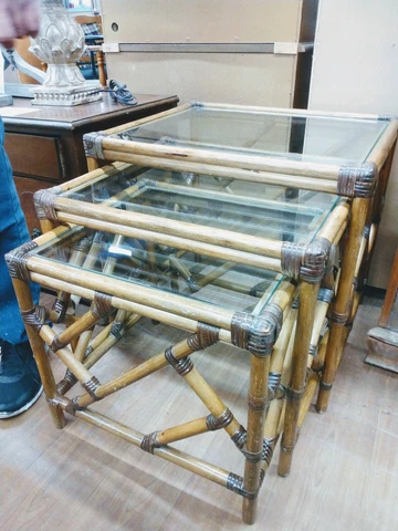 Chippendale Bamboo Rattan Nesting Tables - Set of 3 Glass Top Cover