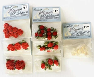 VINTAGE LOT OF 7 DARICE RED & IVORY ROSES & RIBBONS IN VARIOUS SIZES - Picture 1 of 5