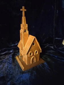 Vintage Wooden Wind Up Music Box Church plays Amazing Grace 10" tall - Picture 1 of 4
