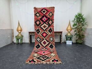 Moroccan Handmade Vintage Rug 2'7''x9'3'' Berber Geometric Faded Red Pink Carpet