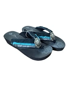 Montana West Black,Turquoise,Gray Fringe Platform Flip Flops Silver Concho NIB - Picture 1 of 5