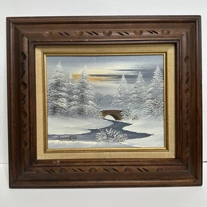 Escena de paisaje de invierno firmada por artista abogado con puente óleo a bordo y enmarcada - Imagen 1 de 7