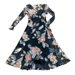 Komarov Grey Floral Print Midi Dress V-Neck Stretch Crinkle Size Small Women NWT - Picture 1 of 15