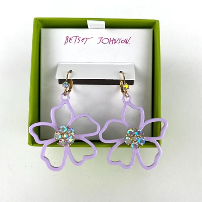 Betsey Johnson Gold Tone Pastel Purple Flower Drop Earrings Rhinestones - Image 1 of 4