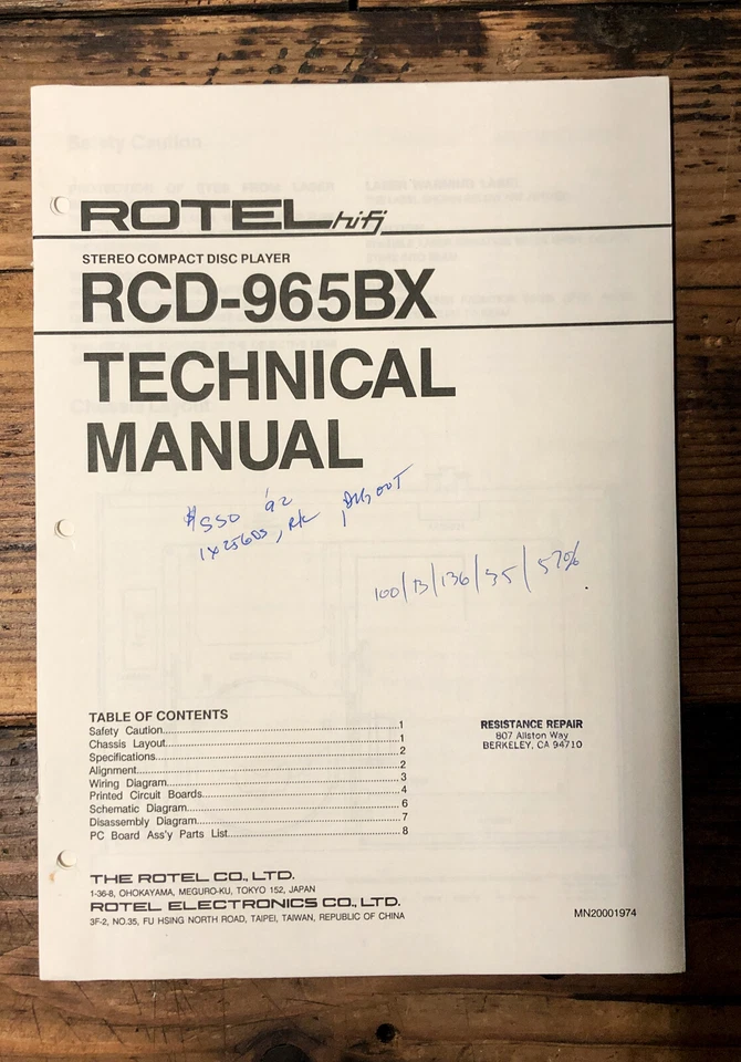 Rotel RCD-965BX CD Player  Service Manual *Original* - Image 1 of 1
