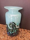 STUDIO ART GLASS MODERN VASE 6.5" PEACOCK COLORS W/ WAVES SIGNED & DATED 2010