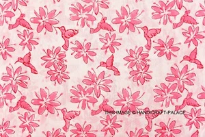 Indian Pink Bird Print Cotton Fabric Block Hand Print Dressmaking Craft 3 Yard - Picture 1 of 4