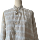 Shirin Guild 100% Linen Button Down Shirt Banded Collar Beige Plaid Stripe M