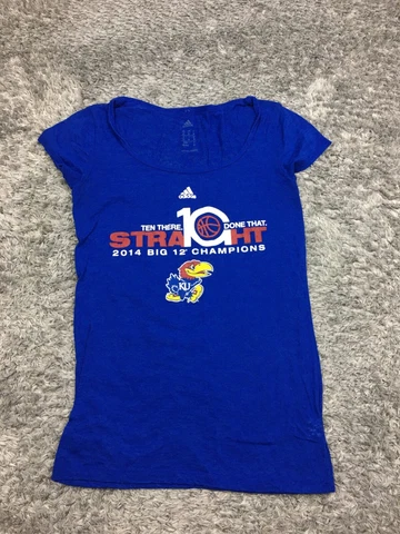 Adidas KU Jawhawk Shirt Womens Size Medium Blue Short Sleeve 2014 Cover