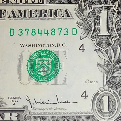 D 37844873 D Fancy Serial Number $1 TRUE PERFECT Radar CU 1977 Note Dollar Bill - Image 1 of 3