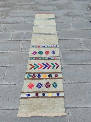 Vintage Moroccan Shag Runner 2x8 ft | Tribal Cream Wool Hallway Rug - Image 1 of 4