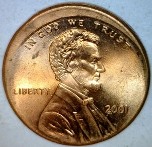 2001 ERROR OFF CENTER Lincoln Cent NICE BU + RED O/C Coin FREE SHIP - Picture 1 of 2